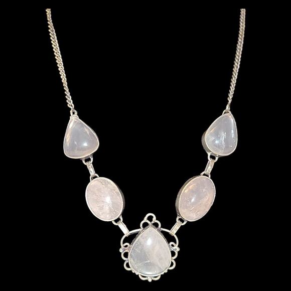 Vintage Silver Tone Pale Pink Translucent Quartz Cabochon Statement Necklace 16" - Picture 1 of 8